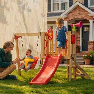 Sunvega 4 in 1 Wooden Swing Set with Baby Swing Slide Captain's Wheel Horn for Kids