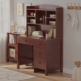 Sunvega Vintage 40 Inch Executive Desk and Upholstered Chair Set with Bookshelf