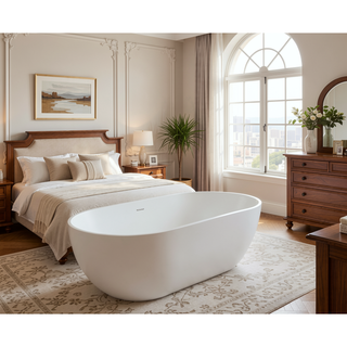 Sunvega 59 Inch Freestanding Solid Surface Soaking Bathtub with Overflow Drain for Contemporary Bathroom