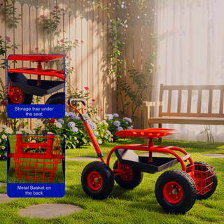 Sunvega 360 Degree Swivel Rolling Garden Trolley Chair with Wheels and Utility Tray