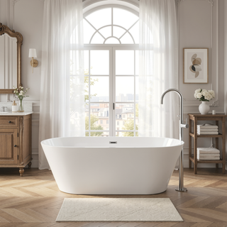 Sunvega 59 Inch Acrylic Freestanding Soaking Tub with Gold Overflow Drain