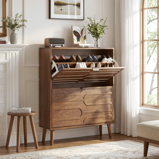 Sunvega Farmhouse Shoe Cabinet with 2 Flip Drawers and Anti-Tipping Device for Corridors
