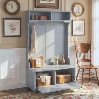 Sunvega Classic Coastal Style Entryway Bench with Open Shelves and Shoe Storage Cabinets