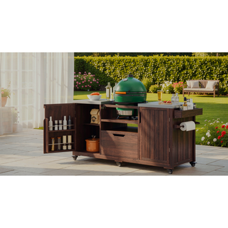 Sunvega 66.5" Solid Fir Wood Outdoor Kitchen Island Cart with Stainless Steel Top for Big Green Egg Grills