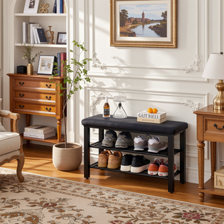 Sunvega 3-Tier Entryway Shoe Rack Bench with Comfortable Linen Cushion and Metal Mesh Shelves