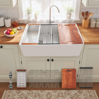 Sunvega 33 Inch White Porcelain Ceramic Farmhouse Kitchen Sink Workstation with Reversible Apron