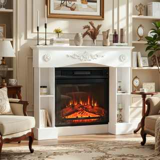 Sunvega Freestanding Fireplace Mantel with Baroque Design and Storage Columns