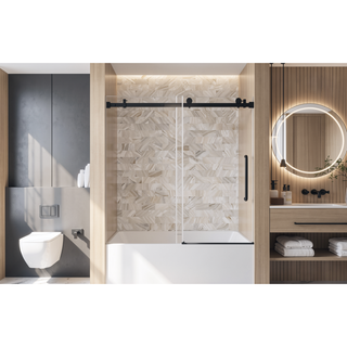 Sunvega Frameless Single Sliding Shower Door with Clear Tempered Glass and Matte Black Finish