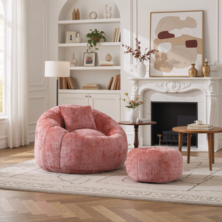 Sunvega Modern Pumpkin Shape Bean Bag Chair with Ottoman for Living Room