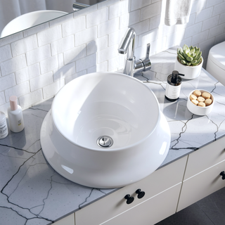 Sunvega White Ceramic Vessel Bathroom Sink Basin with Hydro-Repellent Surface