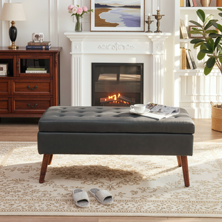 Sunvega Tufted Beige Storage Ottoman Bench with Safety Hinge for Bedroom