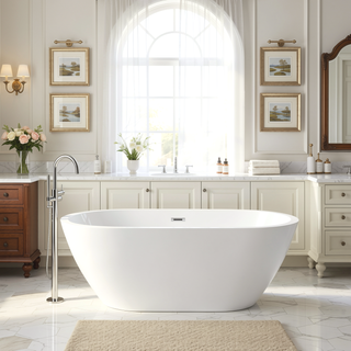 Sunvega 59 Inch Acrylic Freestanding Soaking Tub with Gold Overflow Drain