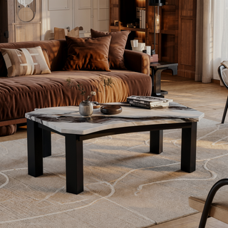 Sunvega Contemporary Faux Panda Marble Coffee Table with Black Wooden Legs