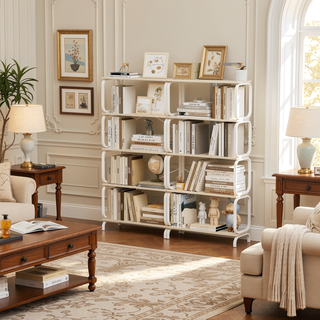 Sunvega Vintage Industrial Style 5 Tier Large Bookcase with White Metal Frame for Living Room