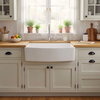 Sunvega 33 Inch White Porcelain Ceramic Farmhouse Kitchen Sink Workstation with Reversible Apron