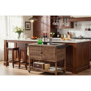 Sunvega Large Outdoor Wicker Bar Cart with Wheels and Glass Top for Patio