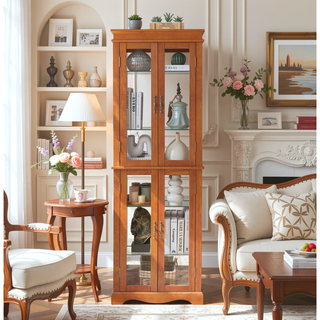 Sunvega Exquisite and Refined Lighted Glass Curio Display Cabinet with Illuminated Multilayer Design