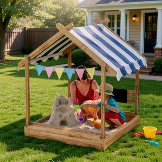 Sunvega Wooden Sandbox with Canopy House Design and Play Set for Kids