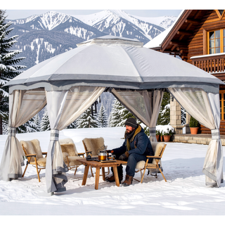 Sunvega Outdoor Canopy Gazebo with Mesh Walls and Double-Tier Roof for Patio