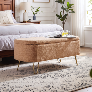 Sunvega Modern Upholstered Padded Storage Ottoman Bench with Gold Legs for Bedroom