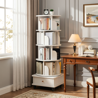 Sunvega 360° Rotating Bookshelf with Wheels and Drawer for Space-Saving Storage