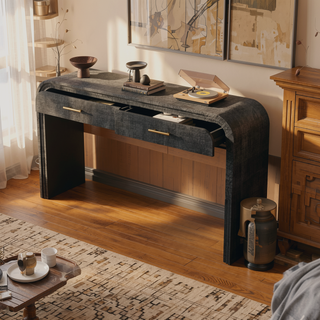 Sunvega Retro Minimalist Curved Sideboard with Gold Handles and Adjustable Shelves for Living Room