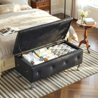 Sunvega Faux Leather Storage Ottoman Bench with Crystal Buttons for Bedroom Living Room