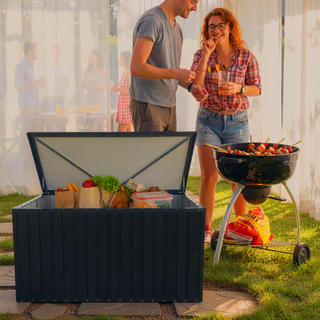 Sunvega Outdoor Metal Storage Box with Wood Texture and Spacious 161-Gallon Capacity