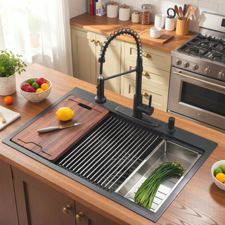 Sunvega 32 Inch Gunmetal Black Workstation Sink with Accessories and Jewelry-Grade PVD Coating