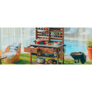 Sunvega Fir Wood Outdoor Potting Bench with Stainless Steel Top and Lockable Wheels