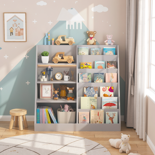 Sunvega Multifunctional 4 Tier Wooden Kids Bookshelf and Toy Storage Organizer with Display Stand