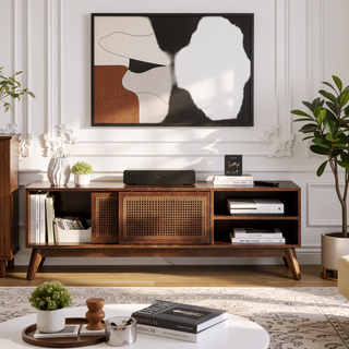 Sunvega Mid Century Modern Rattan Sideboard Cabinet with Adjustable Shelves and Solid Wood Feet