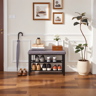 Sunvega 3-Tier Entryway Shoe Rack Bench with Comfortable Linen Cushion and Metal Mesh Shelves