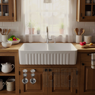 Sunvega Farmhouse Ceramic White Kitchen Double Basin Sink with Sound Dampening