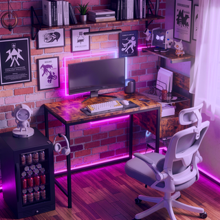 Sunvega Gaming Desk with LED Lights USB Ports Charging Station and Reversible Shelves