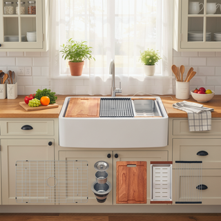 Sunvega 33 Inch White Porcelain Ceramic Farmhouse Kitchen Sink Workstation with Reversible Apron
