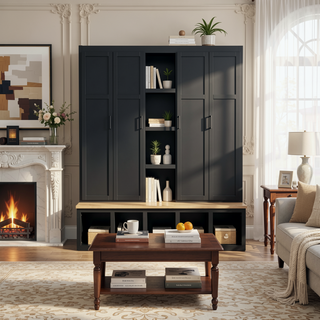 Sunvega Modern Farmhouse Hall Tree with Storage Bench Shoe Cabinet and Display Shelf