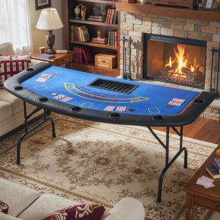 Sunvega Foldable Half-Shape Poker Table with Blue Felt Surface and 7 Cup Holders