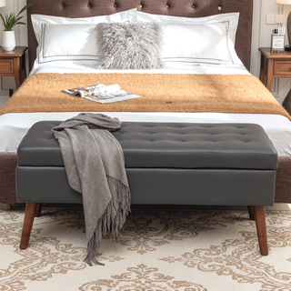 Sunvega Tufted Beige Storage Ottoman Bench with Safety Hinge for Bedroom