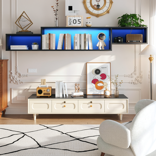 Sunvega Wall Mounted Floating 80 Inch TV Stand with LED Lights and Charging Station