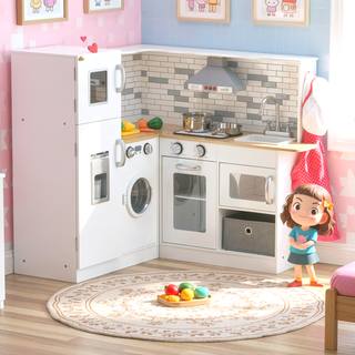 Sunvega Large Wooden Corner Play Kitchen Set with Sound Effects and Tons of Countertop Space