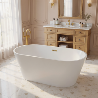 Sunvega 59 Inch Acrylic Freestanding Soaking Tub with Gold Overflow Drain