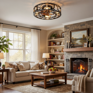 Sunvega Farmhouse Modern Caged Ceiling Fan with Lights Remote Control and 6 Speeds