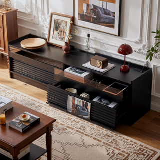 Sunvega Modern TV Stand with Four Tempered Glass Drawers and Built-in Charging Ports