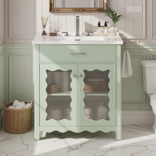 Sunvega Modern 30 Inch Bathroom Vanity with Ceramic Sink and Tempered Glass