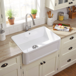 Sunvega 33 Inch White Porcelain Ceramic Farmhouse Kitchen Sink Workstation with Reversible Apron