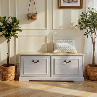 Sunvega Antique White Modern Entryway Shoe Storage Bench with 2 Flip Drawers