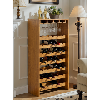 Sunvega KD Oak Finish Wine Rack with 4 Cup Holder and 35 Bottle Storage