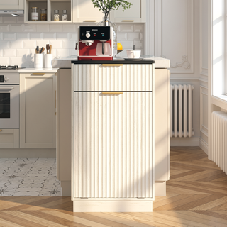 Sunvega Woodgrain Tilt-Out Trash Can Cabinet with Hideaway Drawer and Pull-Out Bin