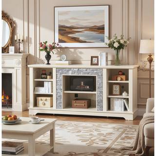 Sunvega Modern Faux Stacked Stone Mantel TV Media Stand with Open Storage